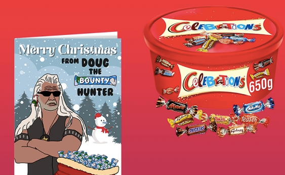 a cartoon card in which a man holds a red sack full of bounty chocolates, beside this is a tub of celebration chocolates