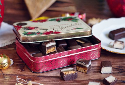 red tin of christmas chocolates