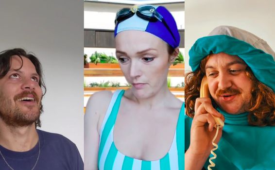 3 part collage featuring a man smiling mid sentence, a woman in a swimsuit, swimming hat and goggles and a man dressed in biblical type attire on the phone