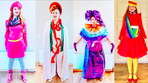 Four side by side images of Taryn De Vere in bright colourful outfits