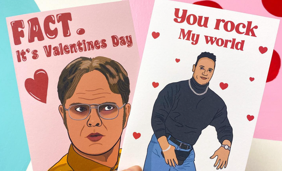 two illustrated cards; one reads "FACT. It's Valentines Day" with a drawing of Dwight from The Office underneath. One reads "You Rock My World" with a drawing of the Rock in his black polo neck and silver chain.