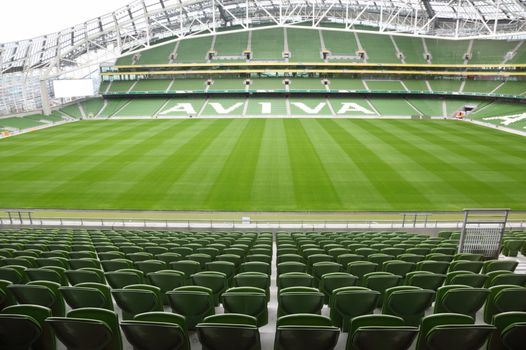 seats and pitch at an empty Aviva Stadium, Dublin