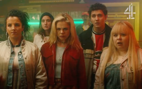 Derry Girls standing in a line and looking shocked