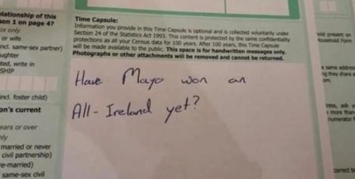 Irish census form with the hand written message: 'have Ireland won the All-Ireland yet?'