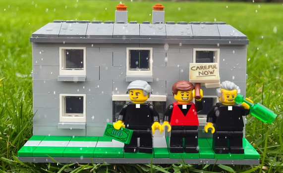 A lego set which recreates Father Ted, Dougal and Jack standing outside their Craggy Island home