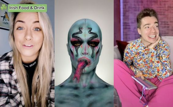 collage of three different tiktoks - one with a blonde woman looking at camera, one with an alien-type makeup look, one with a man in a colourful shirt and pink jeans sitting cross legged, mid conversation