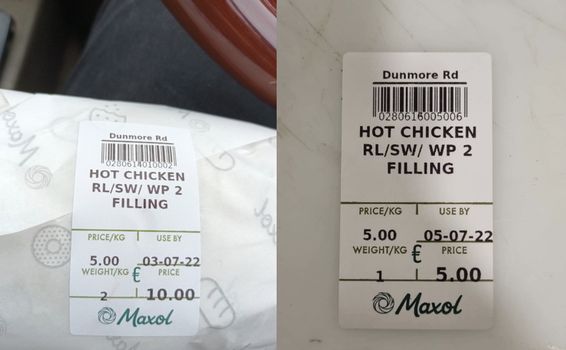 two deli style labels for hot chicken rolls from Maxol