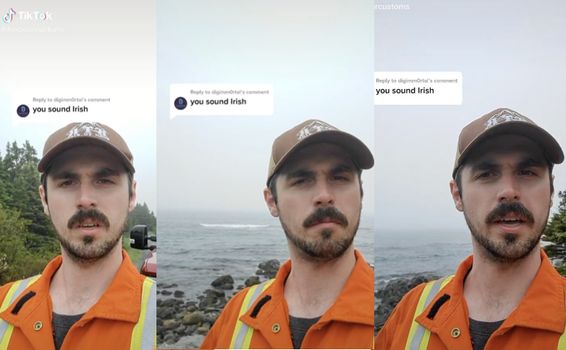collage of a man in an orange jacket and brown baseball cap with a moustache speaking to the front-facing camera for a TikTok video