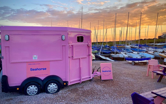 pink horse box cafe on a pier at sunset, boats in the background
