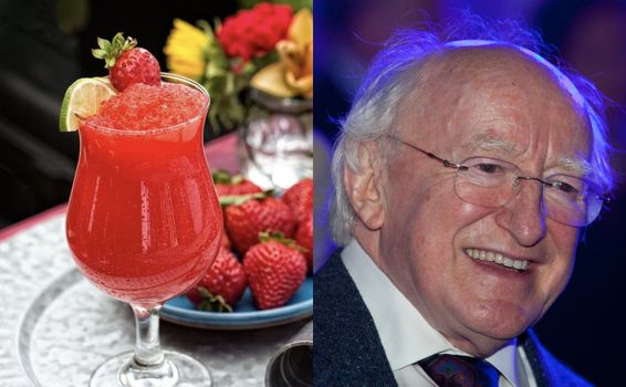 collage of a strawberry Daiquiri and michael d higgins