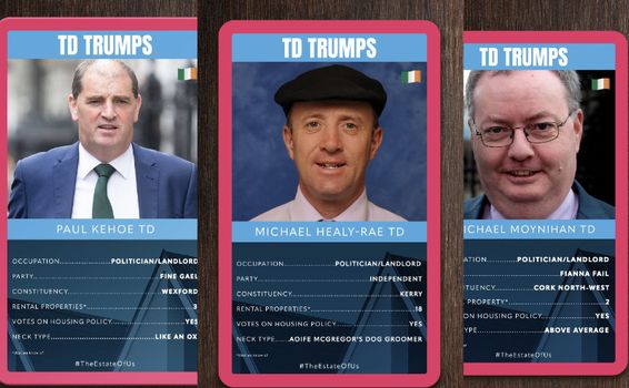 three top trump style cards with Irish TDs pictures and info
