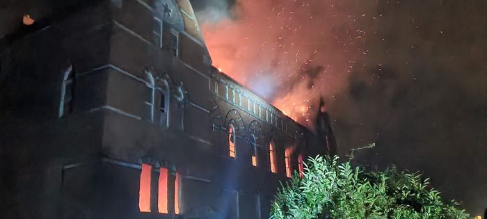 Convent in Cork City on fire, flames can be seen through the windows and coming out of the roof