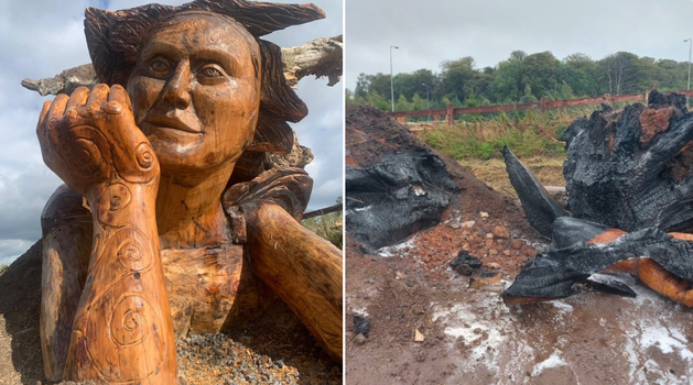 images of wooden sculpture of Eiriu before and after being fire damaged