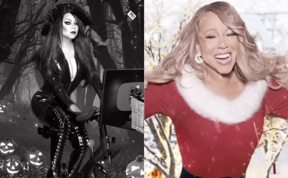 split screen which shows mariah carey in a witches costume on a spinning machine in the first image, and a festive red and white outfit in the next