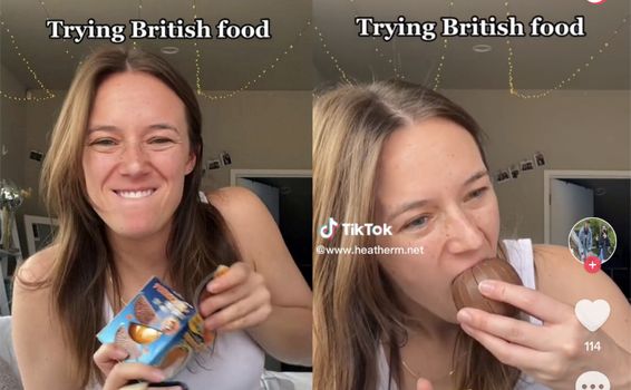 two tiktok screenshots of a woman holding and then eating a terrys chocolate orange