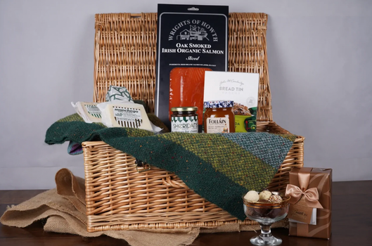 christmas hamper with smoked salmon, cheeses and jams