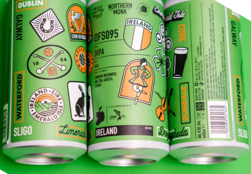 three beer cans with green, 'Irish' themed labelling