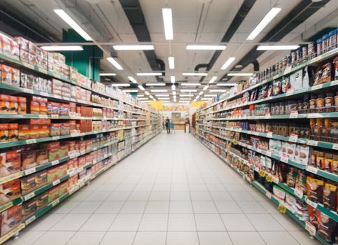 a supermarket aisle with shelves stocked with food on either side