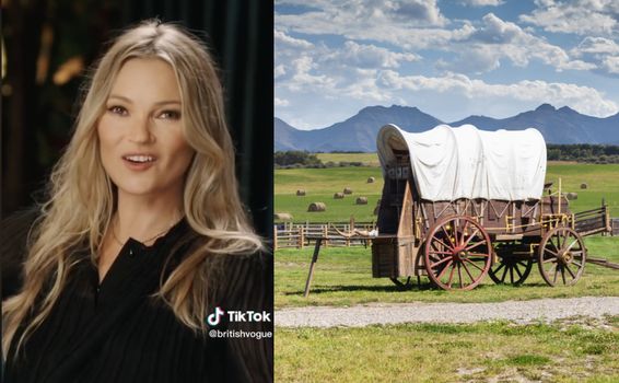 side by side images of Kate Moss smiling during an interview and a wagon in a field