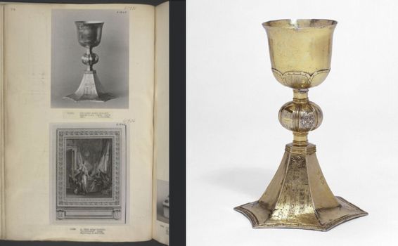 side by side images, one of a b&w photo of the o keefe chalice pasted into an old book and another image of the chalice itself on display