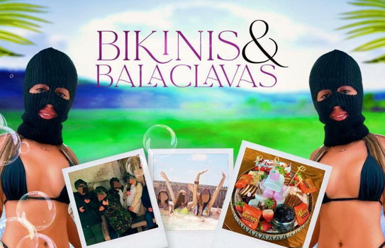 facebook ad which reads 'bikinis and balaclavas' - women wearing bikinis and balaclavas on either side of the caption, with smaller pictures of afternoon tea and spa treatments below