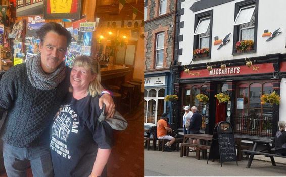 side by side images of colin farrell in a pub, smiling with his arm around a woman and the exterior of maccarthys pub