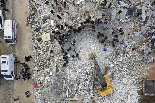 overhead shot of wreckage after the earthquake in turkey-syria