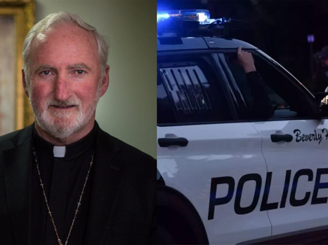 side by side images of the bishop who was shot in LA and a police car