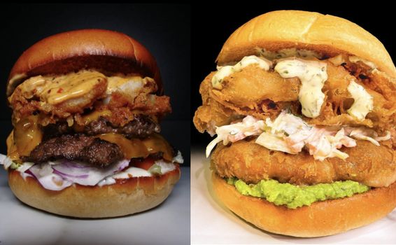 two burgers stacked with toppings from sambros takeaway