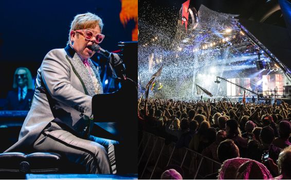 image of elton john playing piano alongside an image of glastonbury main stage