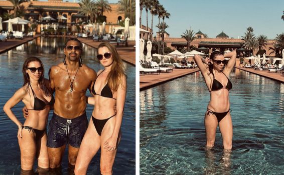 photo of Una Healy standing in a shallow swimming pool with David Haye and Sian Osborne, and another of her in the same pool alone